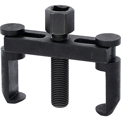 Schwarzes Werkzeug, ein Abzieher, mit zwei Haken und einem Gewindestab zur Anwendung in der Mechanik.